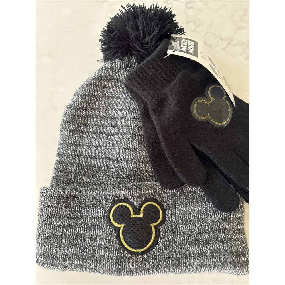 Disney Mickey Beanie & Gloves Set Kids Gray Knit Winter Cuffed Pom Hat Cozy Warm